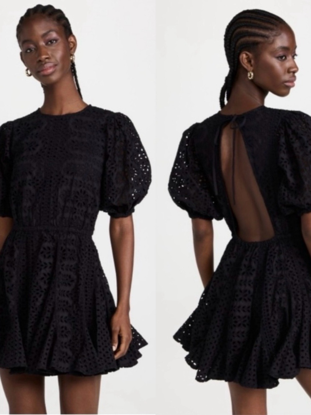 RHODE Black Eyelet Puff-Sleeve Mini Dress with Open Back Tie
